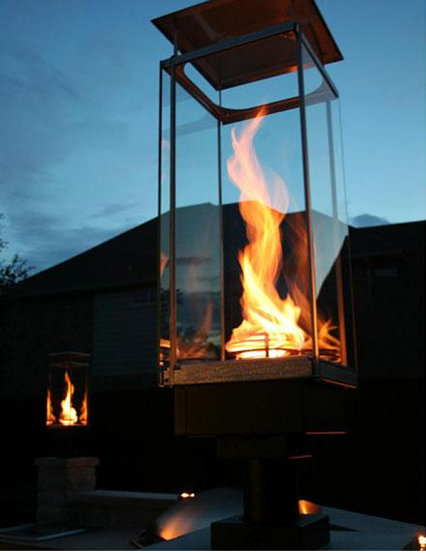 outdoor pool with fire lantern feature